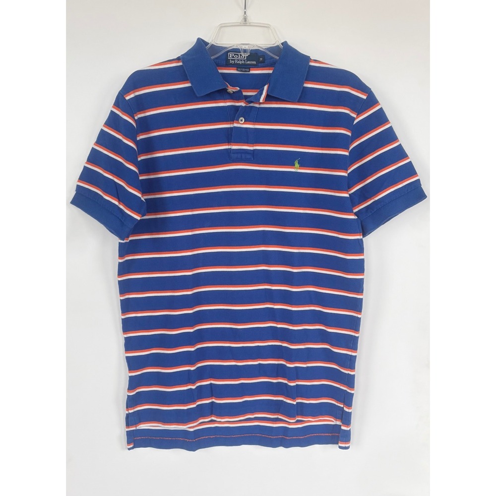 Polo Ralph Lauren Mens Blue Orange Striped Cotton Pique Polo Golf Shirt
